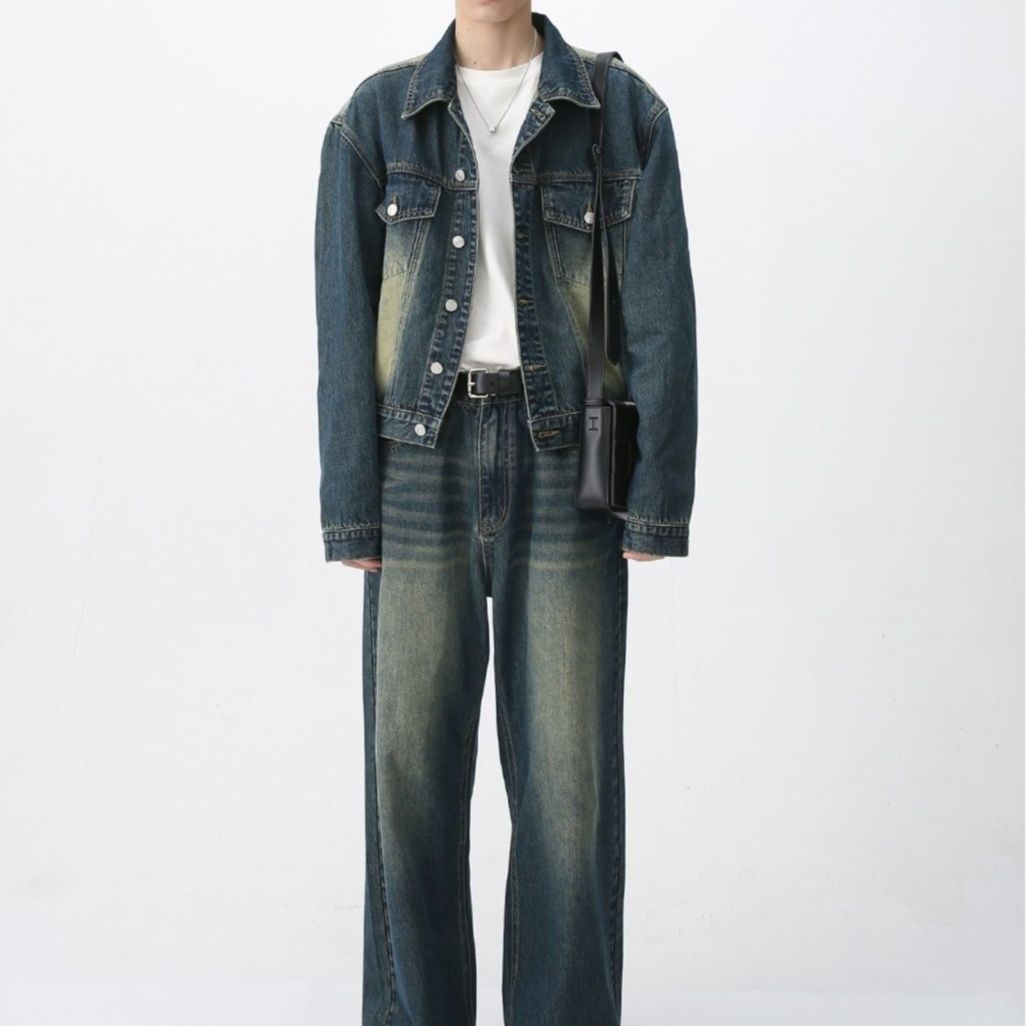 ウォッシュ加工デニムジャケット＋ストレートパンツ メンズ向け シンプル万能 レトロ香港風セットアップ（上下別売り）
