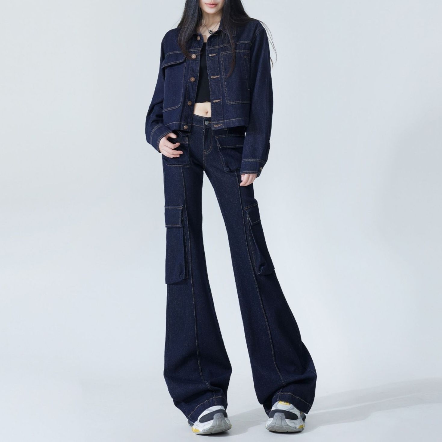 デニムセットアップ ダークブルーショートジャケット×フレアカーゴパンツ きれいめアメカジ ワークテイスト2点セット