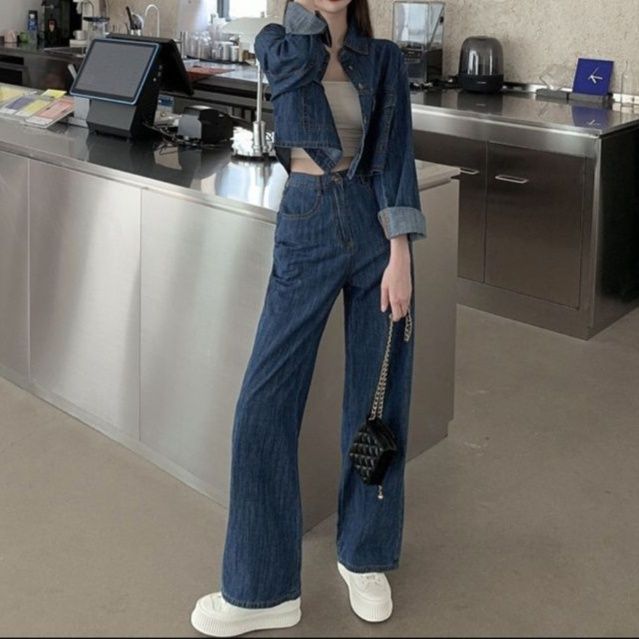 デニムセットアップ クラシカルコンパクトジャケット&ハイウエストワイドパンツ 華奢見え大人カジュアル上下セット