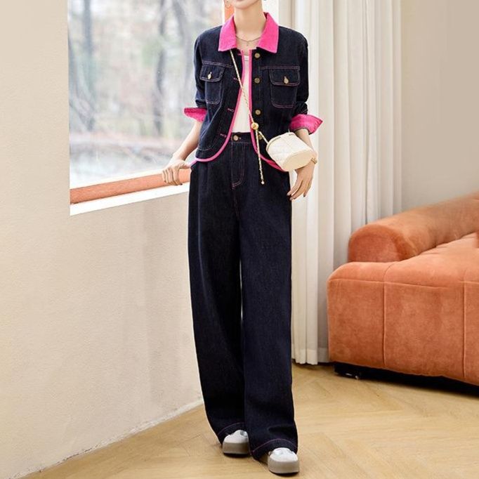 デニムセットアップ 配色切替コンパクトジャケット&ハイウエストワイドパンツ レトロフェミニン 垢抜け2点セット