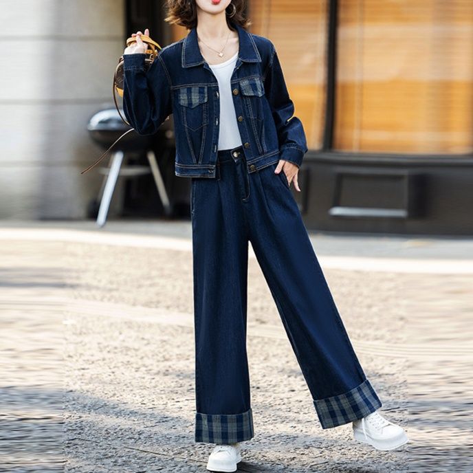デニムセットアップ チェック切替ショートジャケット＆ワイドパンツ ゆったり細見え 大人フェミニン上下セット 