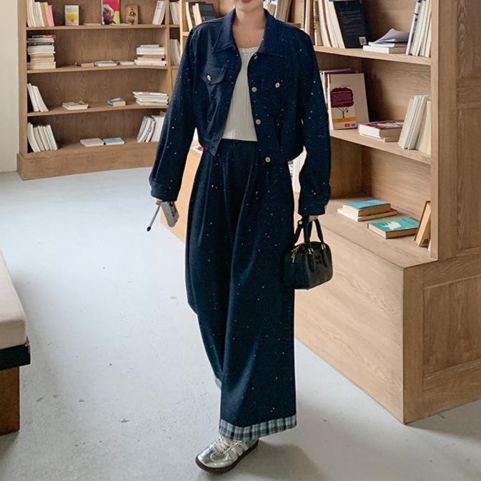 デニムセットアップ ラメ装飾ネイビージャケット＆ワイドパンツ 着回し抜群 ゆったりフェミニン2点セット
