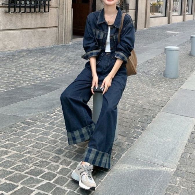 デニムセットアップ チェック切替ショートジャケット×ワイドパンツ 大人カジュアル ゆるフェミ上下セット