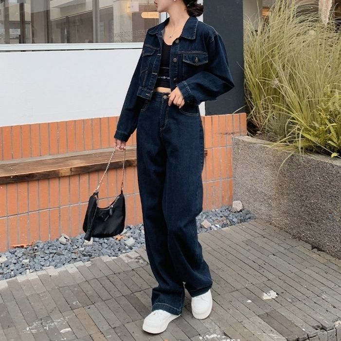 ダークデニムセットアップ ゆったりショートジャケット&ワイドパンツ 細見え韓国風 塩系カジュアル2点セット