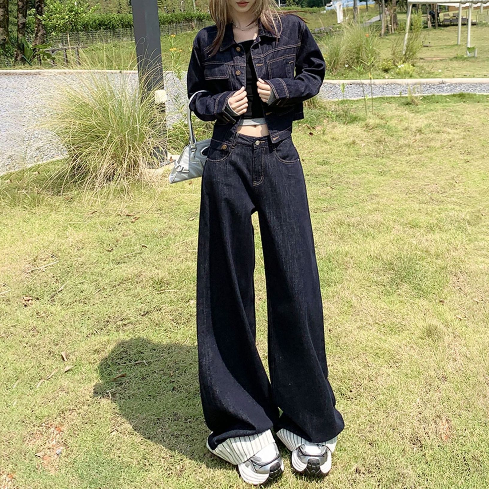 ワーク風ショートジャケット＆ストライプ切替ワイドパンツ ゆったり塩系デニムセットアップ（上下別売り）