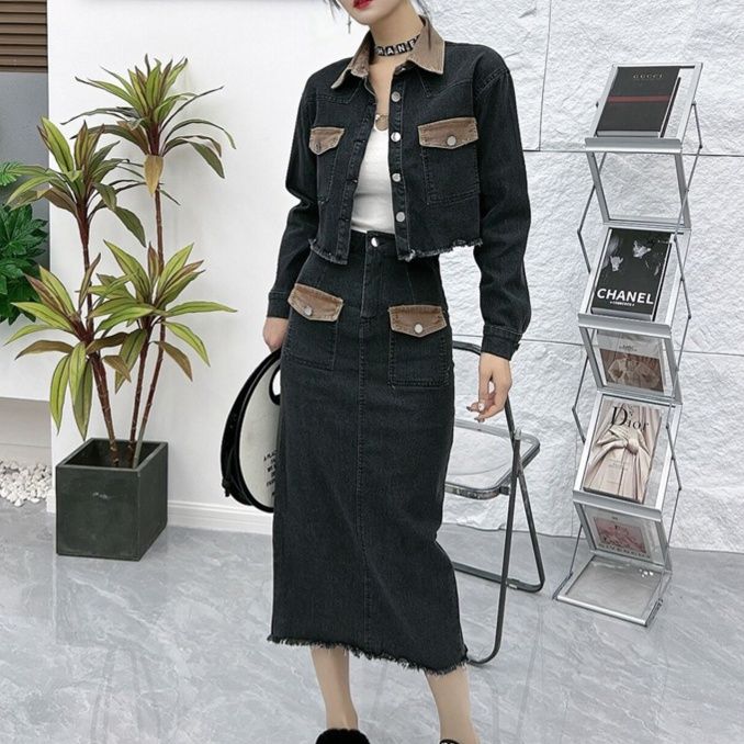 デニムセットアップ 配色切替ショートジャケット＆タイトミディスカート カットオフデザイン 香港風細見え2点セット
