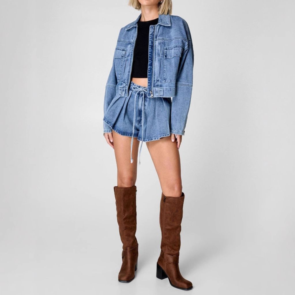 デニムセットアップ ワークテイストコンパクトジャケット＆ハイウエストショートパンツ ゆったり可愛い 細見え上下セット