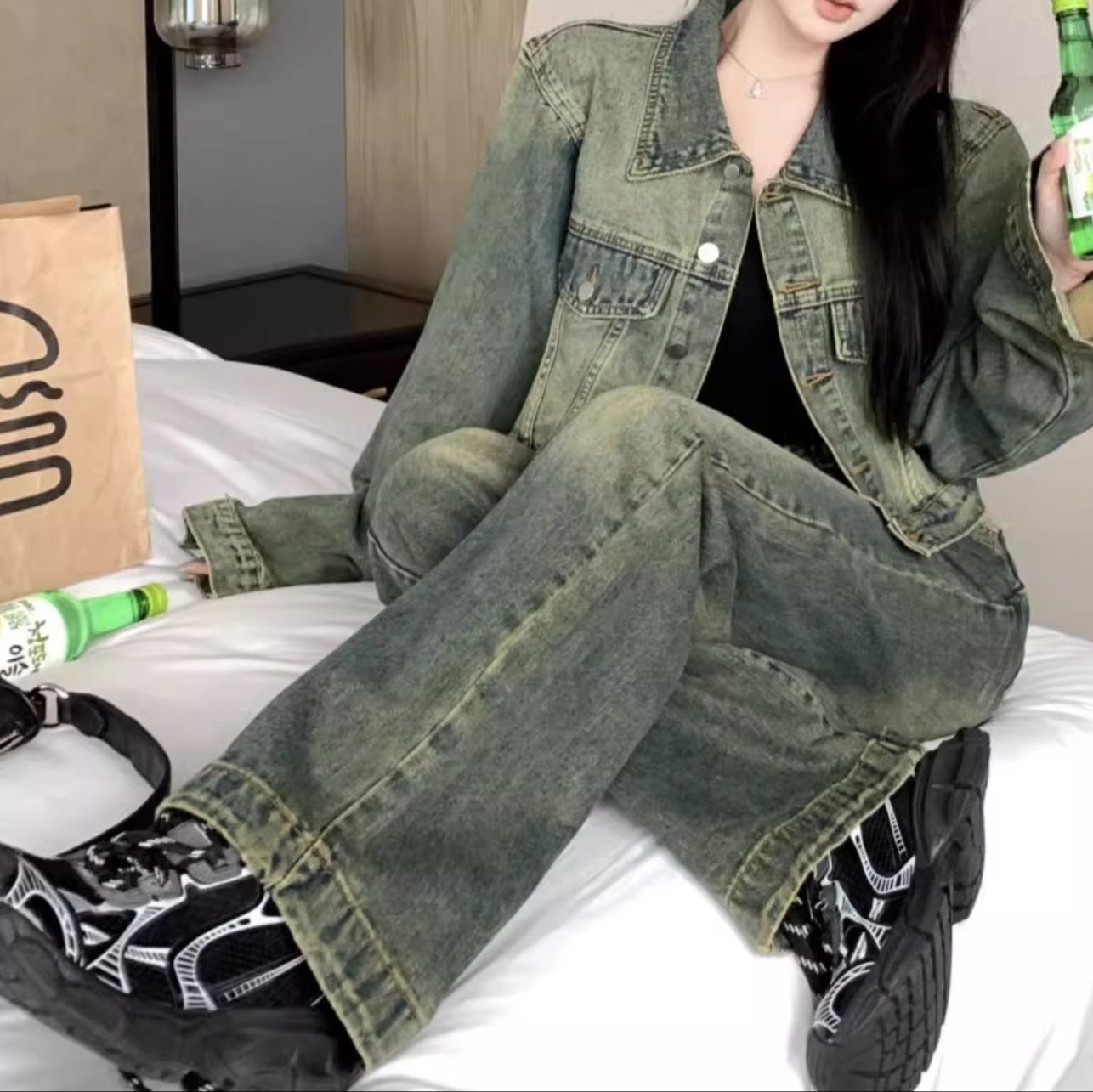 デニムセットアップ 色落ち加工ショートジャケット×ワイドロングパンツ 韓国風ヴィンテージカジュアル上下セット