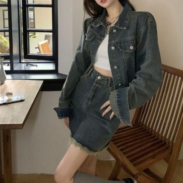 デニムセットアップ カットオフショートジャケット×Aラインミニスカート 大人可愛い ヴィンテージカジュアル2点セット