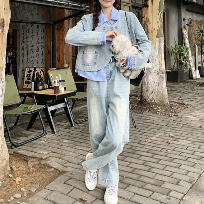 デニムセットアップ ストライプレイヤード風ジャケット×ゆったりストレートパンツ 春秋向け 塩系カジュアル2点セット