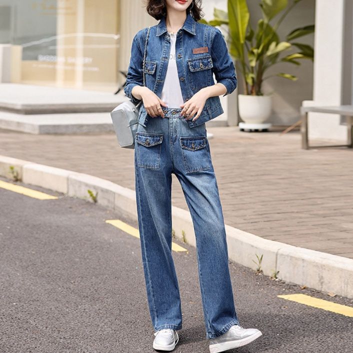 デニムセットアップ 色落ち加工コンパクトジャケット＆ストレートパンツ 着回し抜群 細見え大人カジュアル2点セット