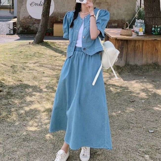 デニムセットアップ パフスリーブ半袖ショートジャケット&フレアロングスカート 上品レトロ フレンチガーリー2点セット