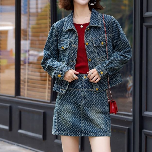 デニムセットアップ ツイード風ショートジャケット＆台形ミニスカート 上品カジュアル レトロ細見え上下セット