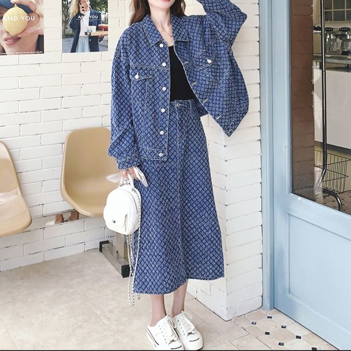 デニムセットアップ ジャカード風ゆったりジャケット＆サイドスリットミディスカート ゆる可愛い細見え2点セット