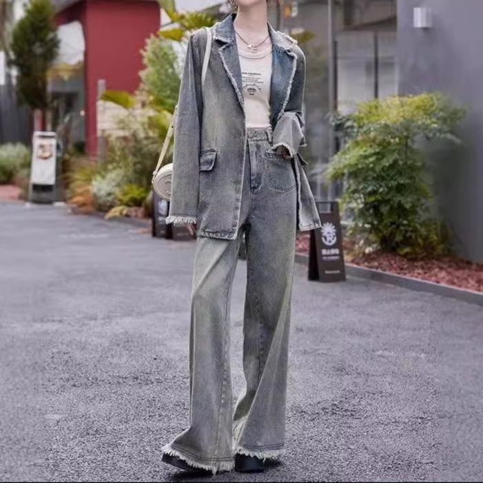 デニムセットアップ オーバーサイズテーラードジャケット＆ワイドパンツ ヴィンテージ風 大人カジュアル2点セット