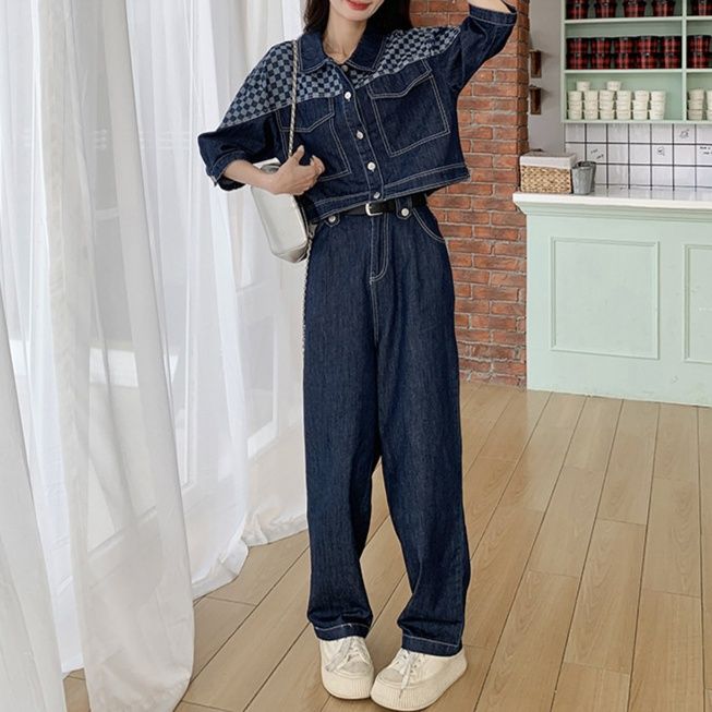 ダークデニムセットアップ チェック切替ジャケット＆ストレートパンツ ゆる可愛い アメカジ上下セット