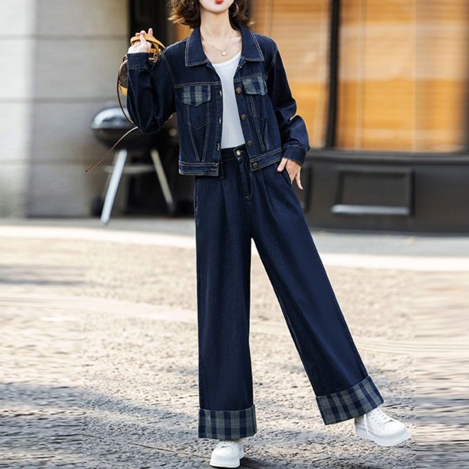 デニムセットアップ チェック切替コンパクトジャケット＆ワイドパンツ 細見えゆったり 垢抜け2点セット