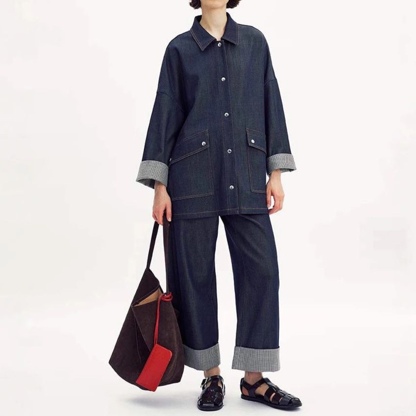 オーバーサイズ切替シャツジャケット×クロップドワイドパンツ ゆったり可愛い きれいめデニムセットアップ（上下別売り）