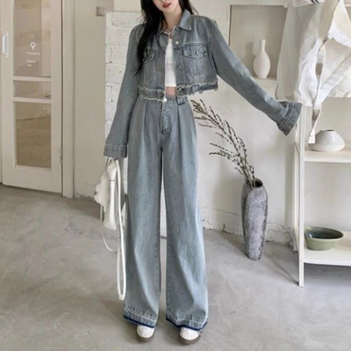 折り襟ショートジャケット&ハイウエストワイドパンツ ゆるかわ韓国風 細見えデニムセットアップ(上下別売り)