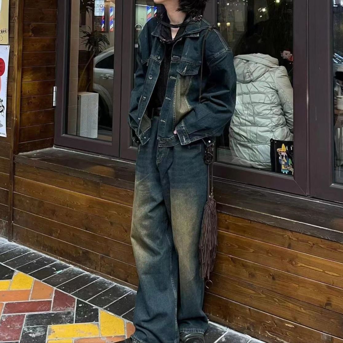 デニムセットアップ ユーズド加工ゆったりジャケット×ワイドロングパンツ 男女兼用 ハイストリート系アメカジ2点セット
