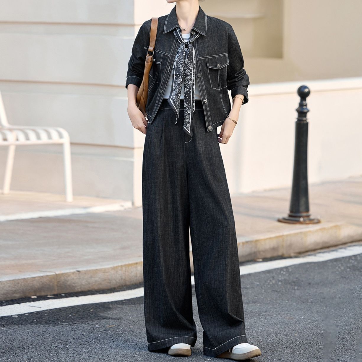 デニムセットアップ スカーフ付き高見えコンパクトジャケット＆ワイドパンツ 垢抜け大人カジュアル2点セット