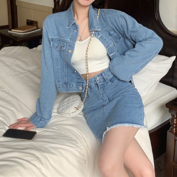 デニムセットアップ シンプルコンパクトジャケット×フリンジミニスカート 着回し抜群 大人可愛い2点セット