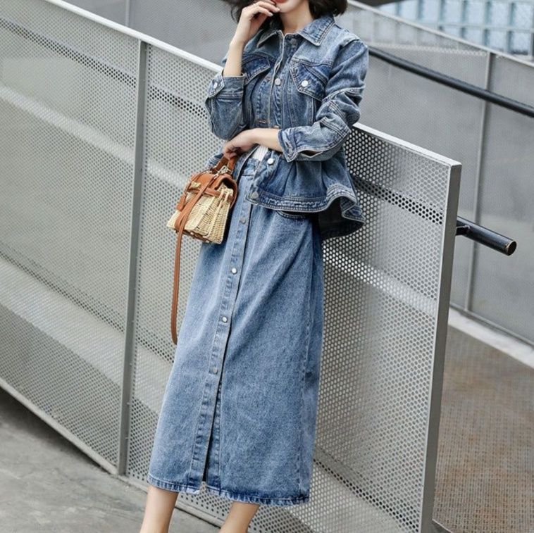 デニムセットアップ ペプラムデザインジャケット×フロントボタンミディスカート 大人フェミニンな細見え2点セット