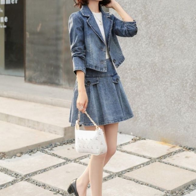 デニムセットアップ テーラードショートジャケット＆フレアミニスカート 大人可愛い きれいめカジュアル2点セット
