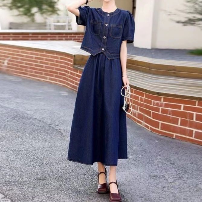 デニムセットアップ 薄手半袖ジャケット＆フレアロングスカート ゆったり若見え 大人フェミニンツーピースセット