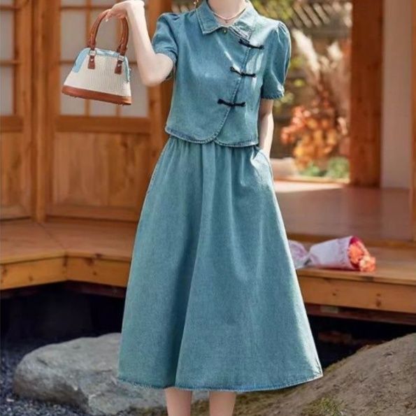 デニムセットアップ モダンチャイナ半袖ジャケット＆フレアミディスカート 個性派フェミニン レトロモダンツーピースセット