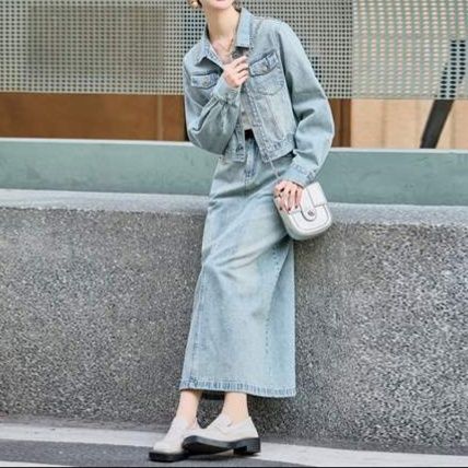 デニムセットアップ ラメ装飾クラシックショートジャケット＆Aラインロングスカートセット 着回し抜群 フェミニンカジュアル2点セット