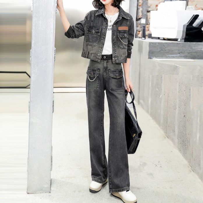 デニムセットアップ ヴィンテージ風ショートジャケット×ストレートパンツ 垢抜けカジュアル 香港風細見え上下セット
