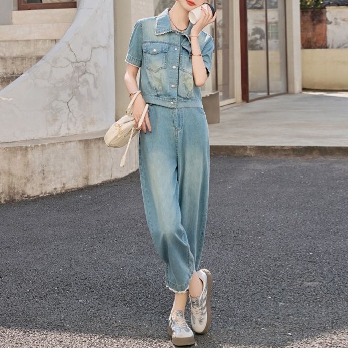 デニムセットアップ レース装飾半袖ジャケット＆9分丈ゆったりパンツ レトロフェミニンな垢抜け2点セット