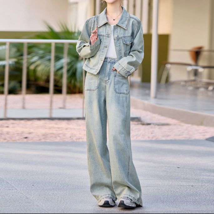 デニムセットアップ ウォッシュ加工クラシカルジャケット＆ワイドパンツ 着回し抜群 きれいめカジュアル上下セット