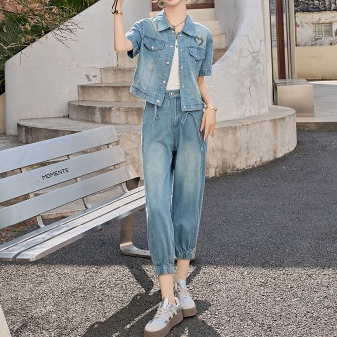 デニムセットアップ シンプル半袖ジャケット＆クロップドパンツ 着回し抜群 上品細見え2点セット