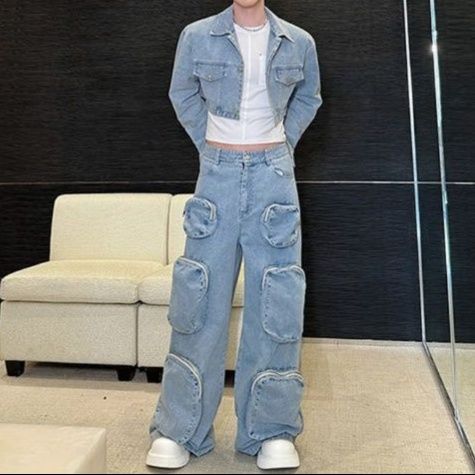 デニムセットアップ ウォッシュ加工ショートジャケット×ビッグワイドパンツ メンズ向け 個性派ワークテイスト上下セット