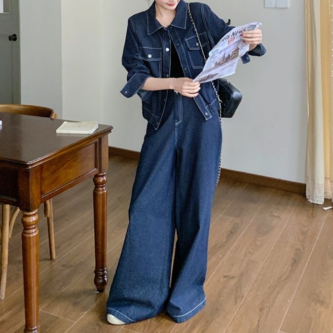 デニムセットアップ クラシカルステッチシャツジャケット＆ワイドパンツ 濃紺高見え 大人カジュアル2点セット