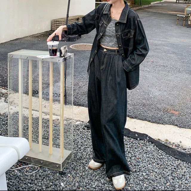 デニムセットアップ オーバーサイズシャツジャケット＆ワイドパンツ レトロ香港風 垢抜け2点セット