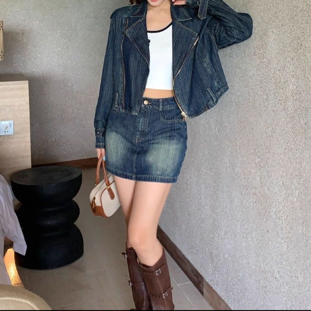 デニムセットアップ ライダースデザインショートジャケット×タイトミニスカート 色落ち加工 ストリート風細見え上下セット
