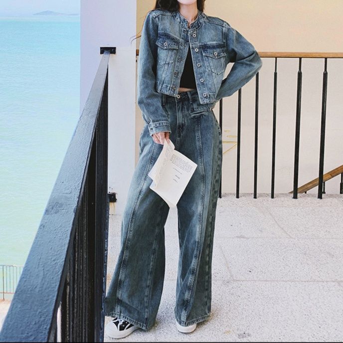 デニムセットアップ ヴィンテージ風ショートジャケット&ハイウエストワイドパンツ 着回し万能 街映えアメカジ2点セット