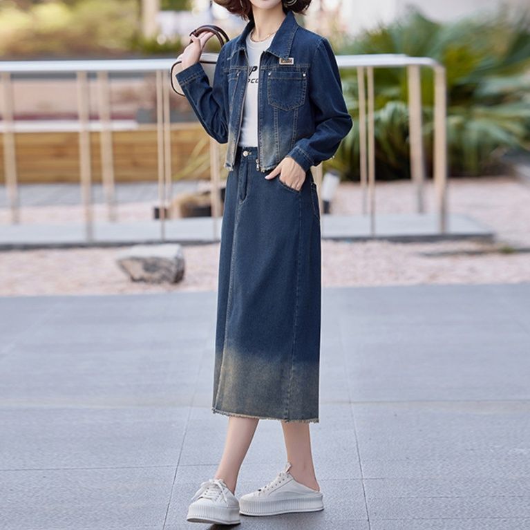 デニムセットアップ グラデーションショートジャケット＆Aラインミディスカート 高見えレトロカジュアル2点セット