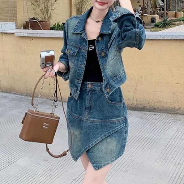 デニムセットアップ クラシカルショートジャケット＆フロントクロスミニスカート 韓国風高見えレトロ2点セット