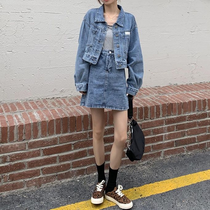 デニムセットアップ シンプルショートジャケット＆ハイウエストAラインミニスカート 今っぽカジュアルツーピースセット