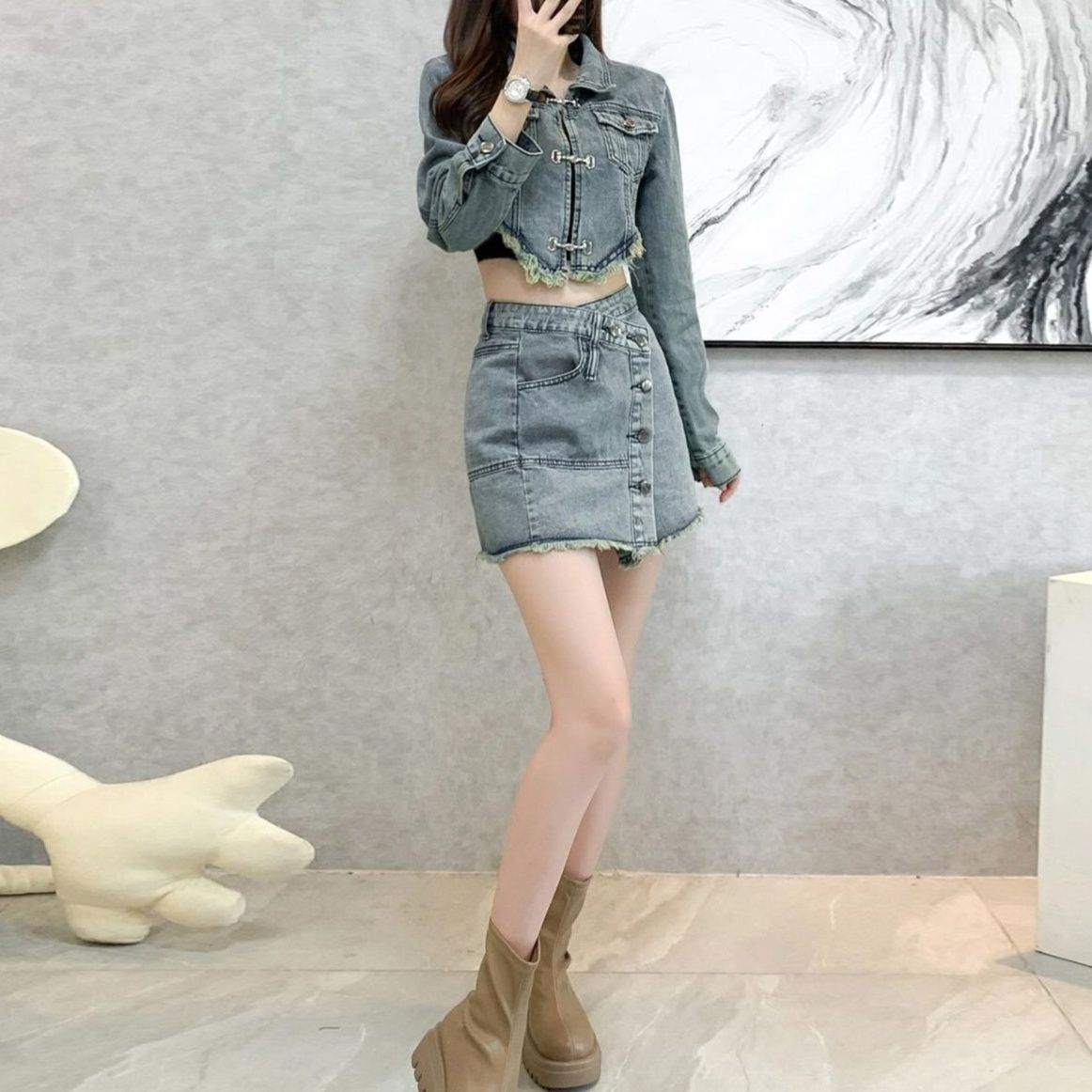 デニムセットアップ カットオフショートジャケット×ラップデザインミニスカート ヴィンテージ風 クールガーリー2点セット