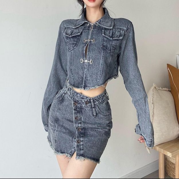 ヴィンテージ風ショートジャケット＆ラップデザインミニスカート クールカジュアル 個性派デニムセットアップ（上下別売り）