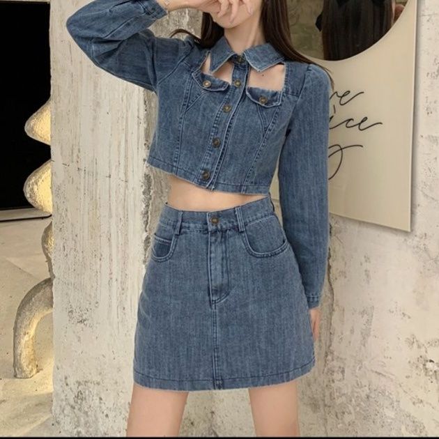 デニムセットアップ カットアウトショートトップス×ハイウエスト台形ミニスカート 肌みせ甘辛 韓国風2点セット