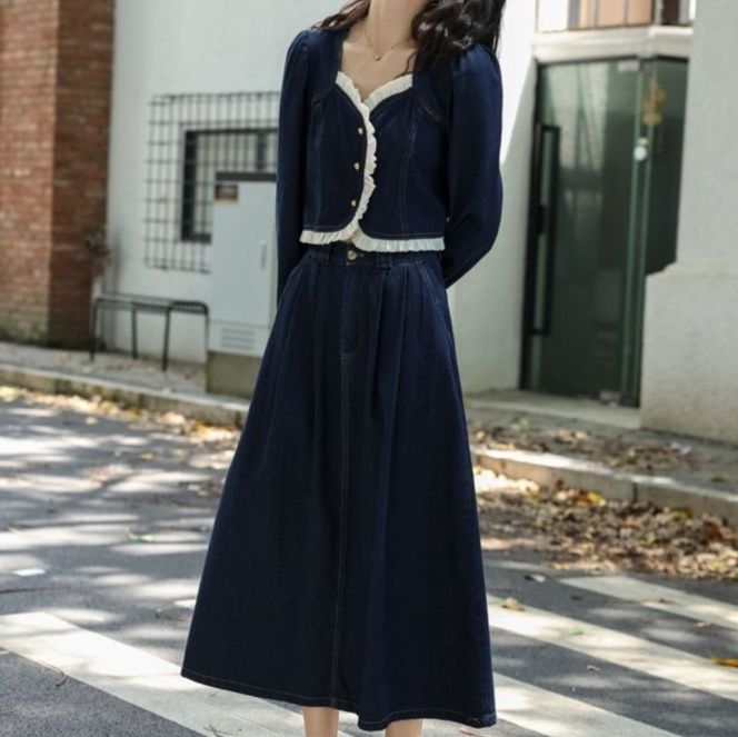 デニムセットアップ フリル装飾長袖トップス&フレアロングスカート 大人フェミニン2点セット