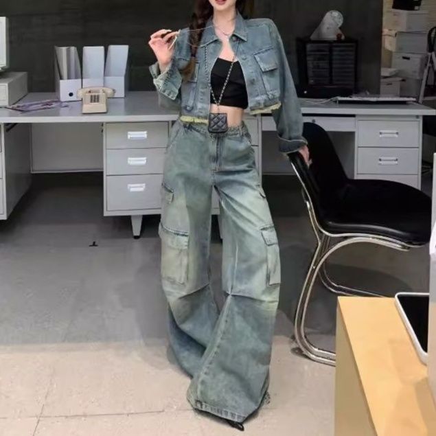 アメカジショートジャケット×ストレートワイドパンツ ワークテイスト 細見えY2Kデニムセットアップ(上下別売り)