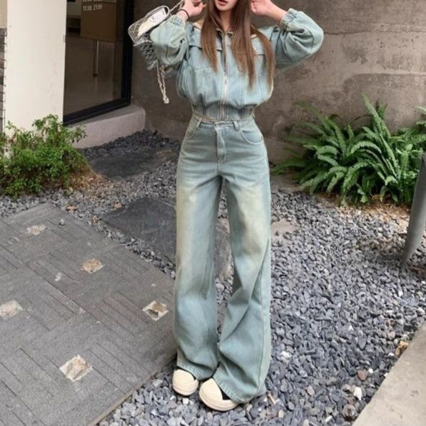 裏起毛コンパクトジャケット×ワイドパンツ 着回し抜群 ゆったりストリート系デニムセットアップ（上下別売り）