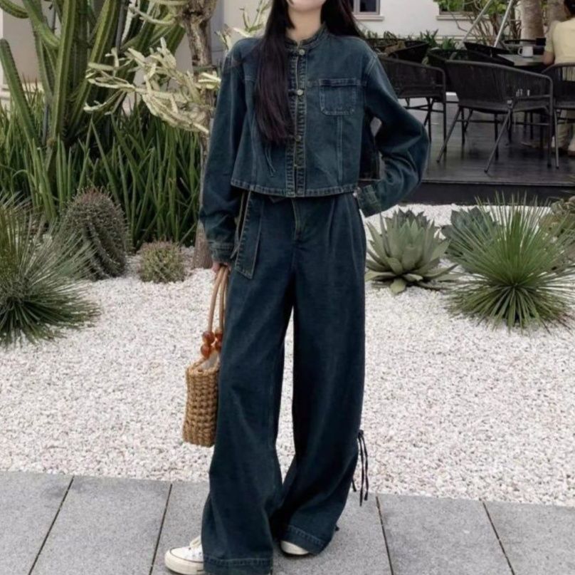 モダンチャイナショートジャケット&スリット入りワイドパンツ 個性派上品 レトロカジュアルデニムセットアップ